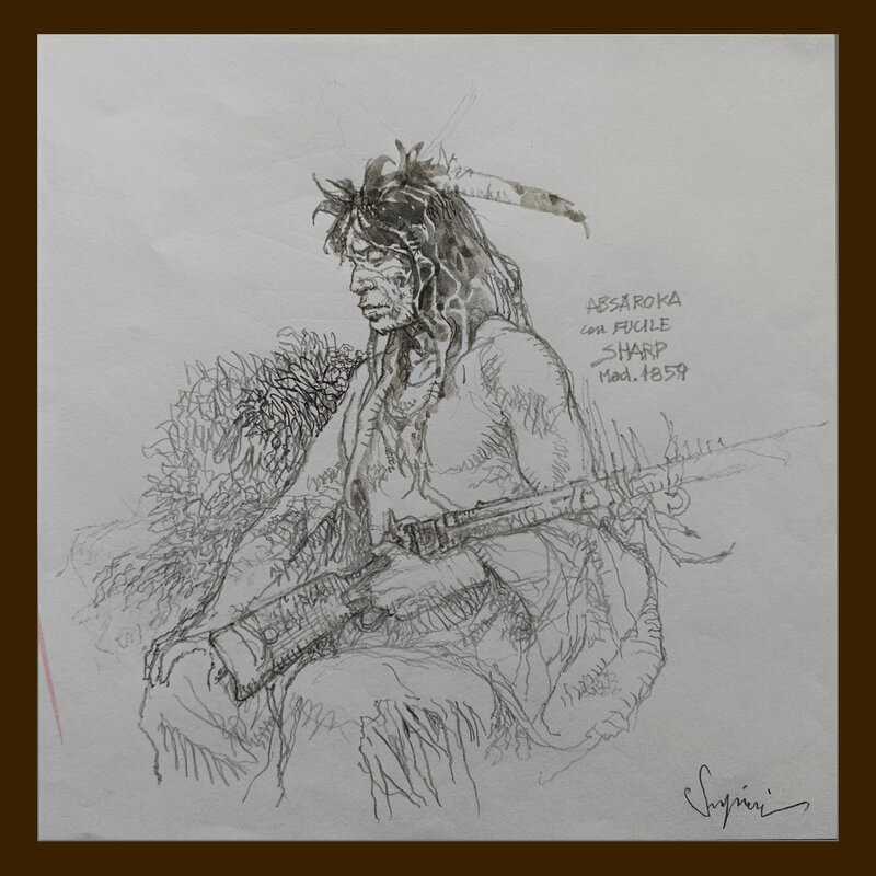 Paolo Eleuteri Serpieri, Indiano Absaroka con fucile Sharp - Illustration originale Paolo Eleuteri Serpieri, Indiano Absaroka con fucile Sharp - Illustration originale