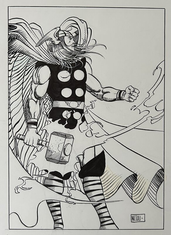 Marco Nizzoli, Jack Kirby, Stan Lee, Nizzoli, Thor, illustration roi de trèfle, carte poker, 1995. - Illustration originale