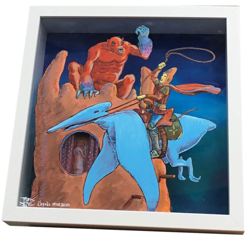 En vente - Marc Rouchairoles, Arzach, le monstre et la femme dans la tour d'après Moebius - Œuvre originale