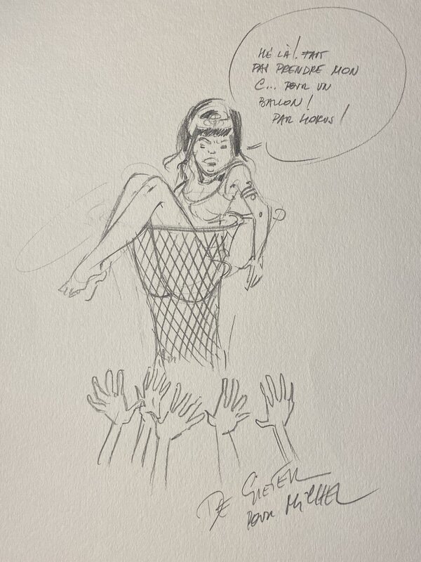Lucien de Gieter, illustration originale, Théti Chéri joue au basketball. - Dédicace