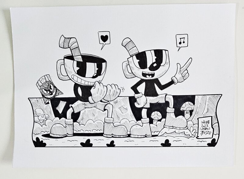 Dessin original de l'Inktober 2025 Cuphead et Mugman de Cuphead par oTTami ! - Illustration originale Dessin original de l'Inktober 2025 Cuphead et Mugman de Cuphead par oTTami ! - Illustration originale