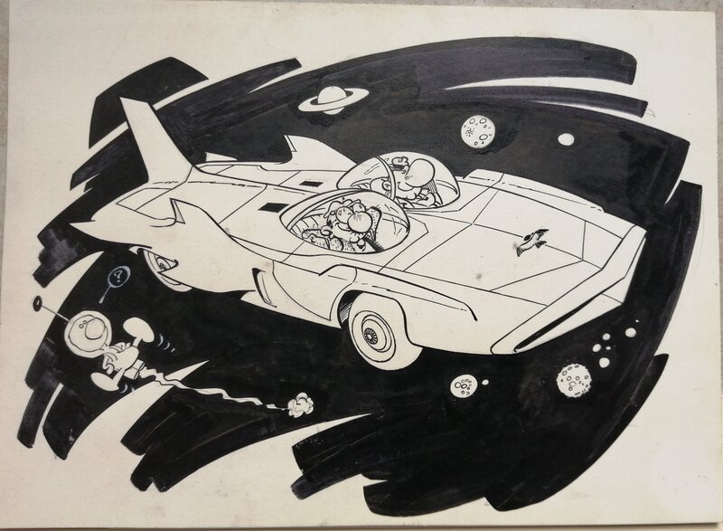 Greg, Achille Talon au volant de l'oiseau de feu 3, 1958 - Illustration originale