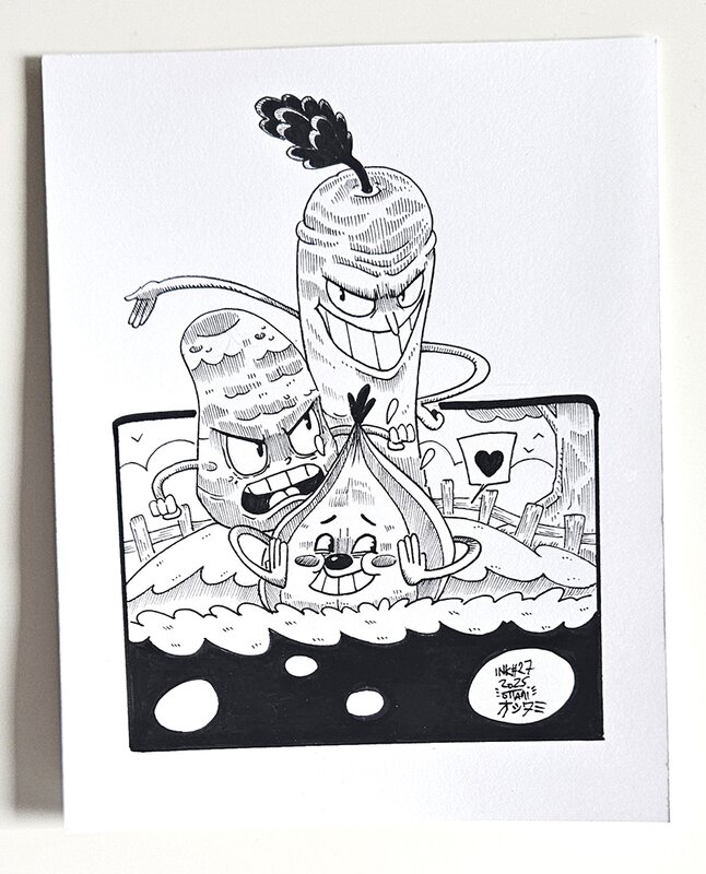 Dessin original de l'Inktober 2025 : La Bande des Tubercules de Cuphead par oTTami ! - Illustration originale