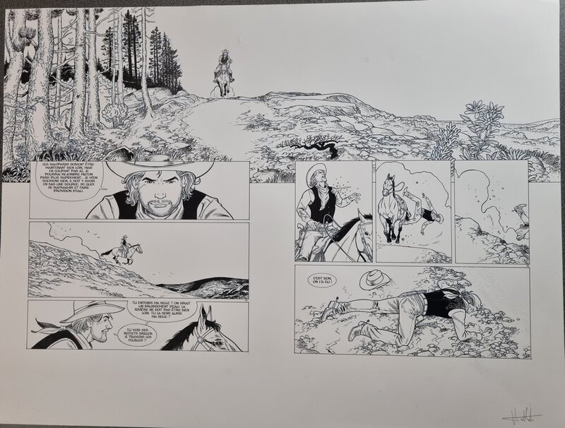 En vente - Alain Henriet, Pierre Dubois, Usagi, Western - La vallée des oubliées - double planche - Planche originale
