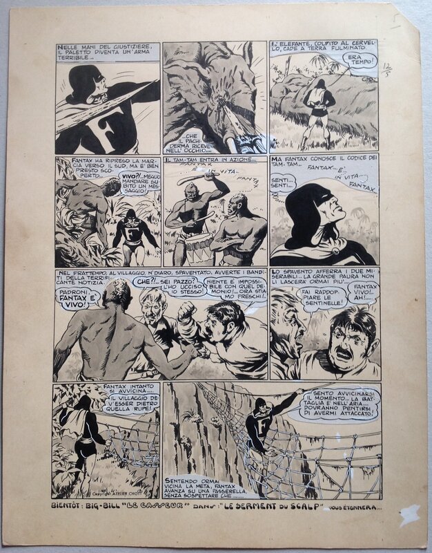 En vente - Chott Pierre Mouchot FANTAX 12 Planche 4 Les Six gardiennes de l'enfer (5/12) , Encre de Chine petit format Eo 1947 - Planche originale