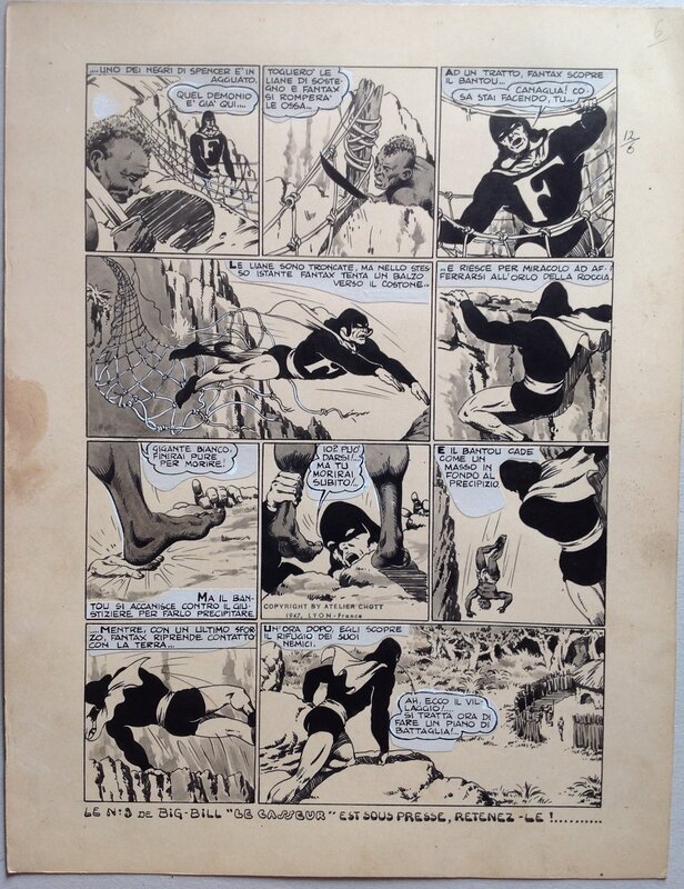 En vente - Chott Pierre Mouchot FANTAX 12 Planche 5 Les Six gardiennes de l'enfer (6/12) , Encre de Chine petit format Eo 1947 - Planche originale