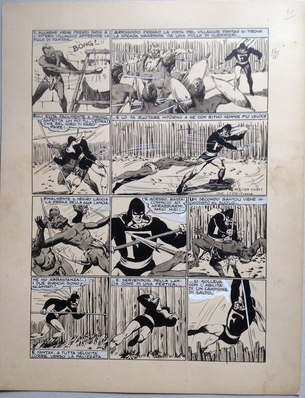 En vente - Chott Pierre Mouchot FANTAX 12 Planche 9 Les Six gardiennes de l'enfer (10/12) , Encre de Chine petit format Eo 1947 - Planche originale