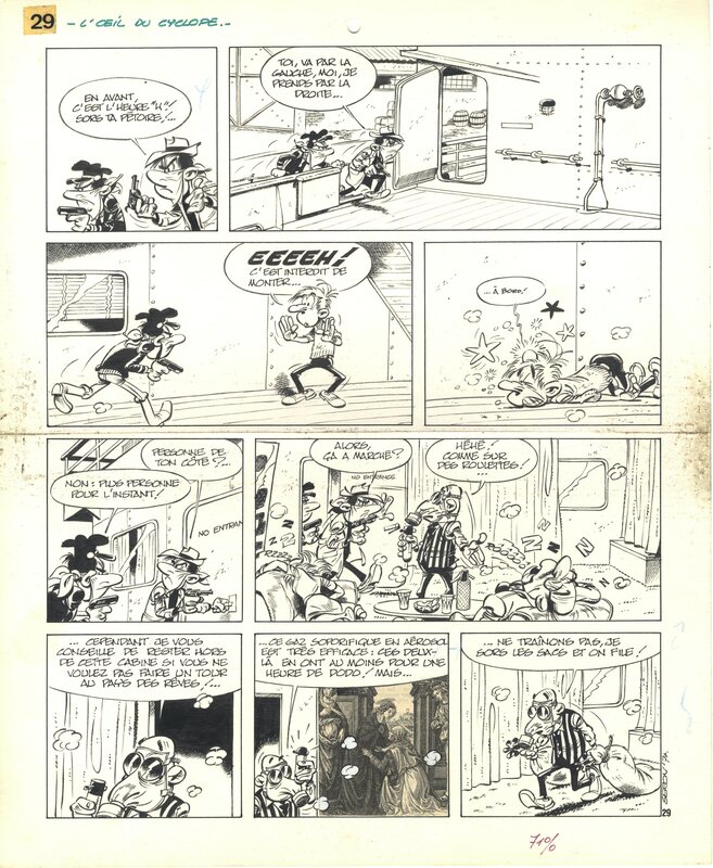 En vente - Pierre Seron - Les petits hommes 5 - L'oeil du Cyclope - Planche originale