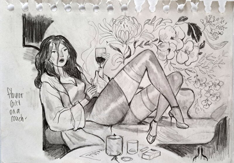 Daphné Collignon, Flower girl on a couch - Original Illustration