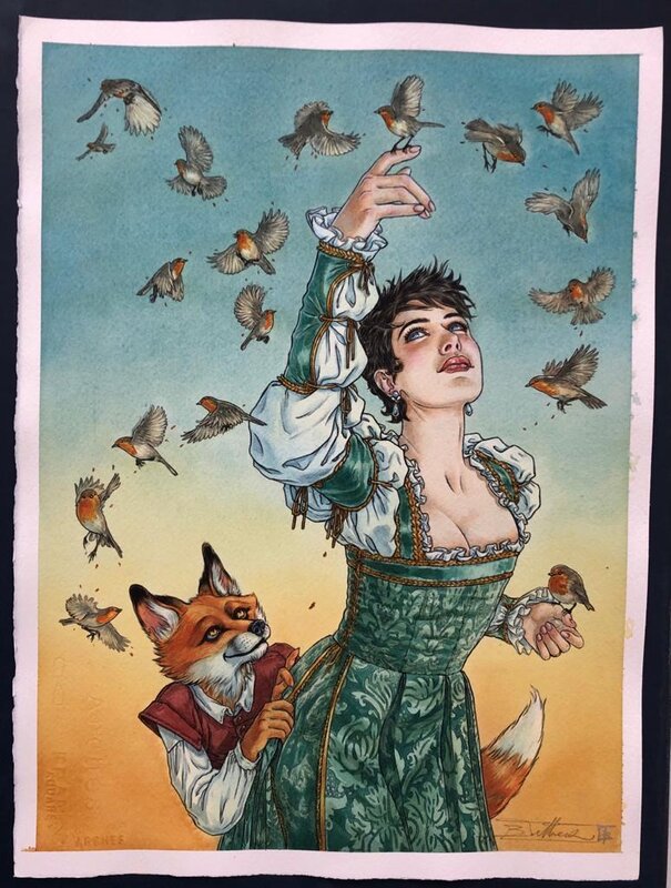 Béatrice Tillier, Aube aux rouge-gorges - Original Illustration