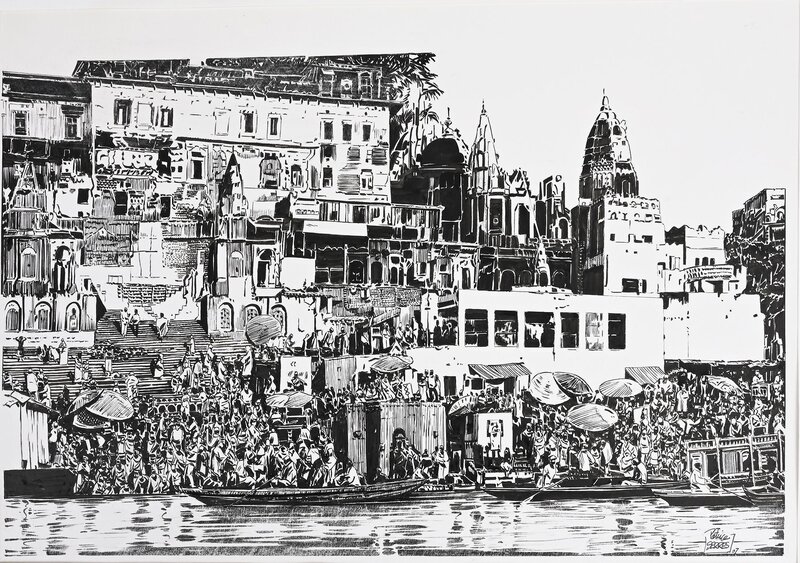 Patrice Serres, Bénarès vue du Gange - Original Illustration