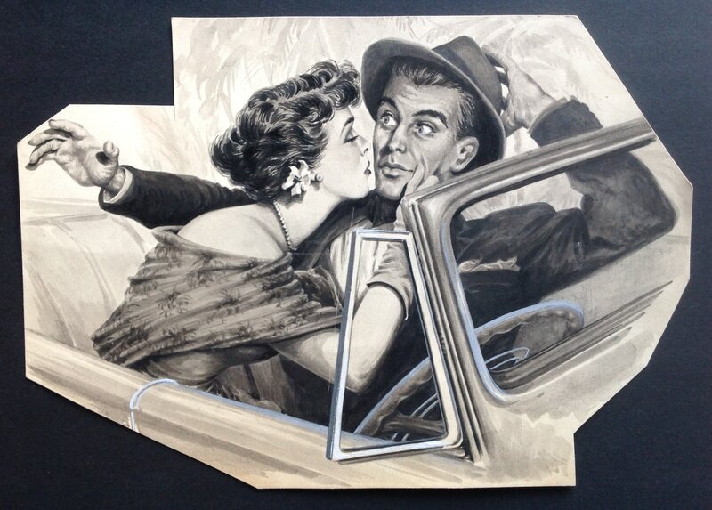 En vente - Chott Pierre Mouchot Fantax Reportages sensationnels 3 Dessin Lavis Pin up Voiture Homme illustration Originale encre Chine 1950 - Illustration originale