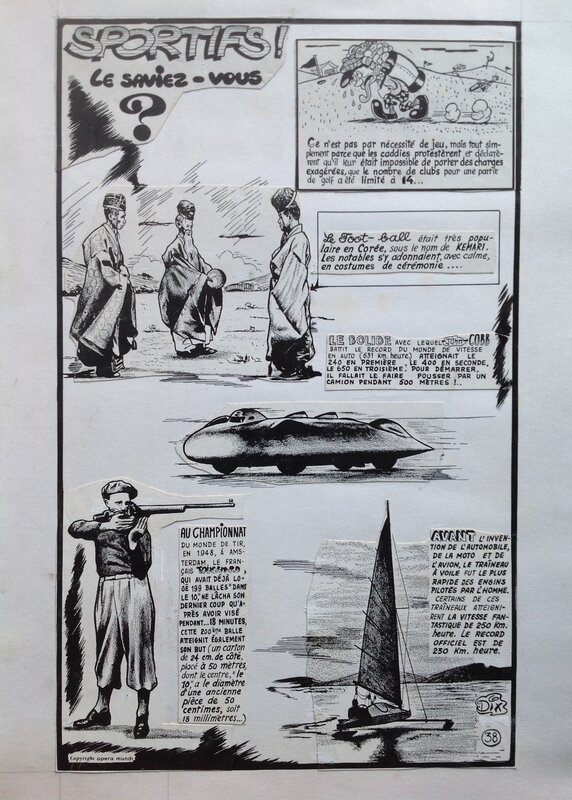 En vente - Dix Rubrique SPORTIFS Le Saviez-Vous ? Football Bolide Voiture Tir Voile.., de L'Atelier Chott paru dans WEST Romance 11 en 1957 - Illustration originale