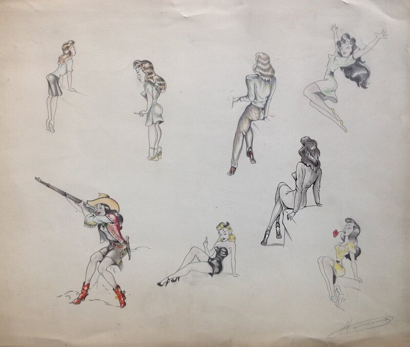 En vente - Guy Mouminoux 2 Planche Pin up Coueur Crayon... , signé , de L'Atelier Chott Planche Originale Encre Chine petit format Année 50 - Illustration originale