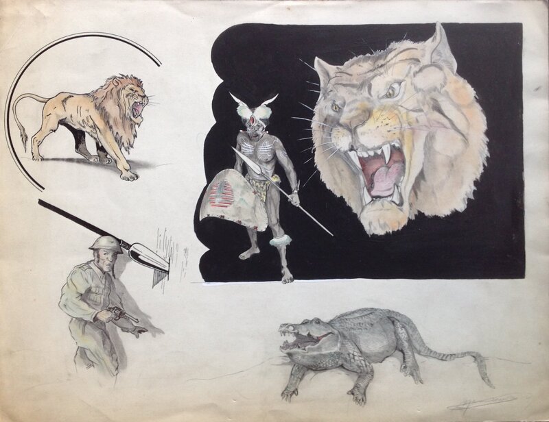 En vente - Guy Mouminoux 3 Planche Lion Guerrier Soldat Crocodile, signé ,Atelier Chott Planche Originale Encre Chine petit format Année 50 - Illustration originale