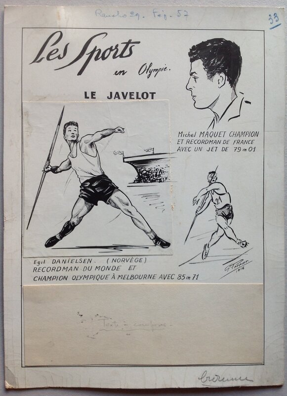 En vente - G Perrier, Atelier Chott, Chott, Perrier G. Rubrique Les SPORTS Le Javelot + Texte écrit de Chott Pierre Mouchot, de L'Atelier Chott paru dans RANCHO 29 en 1957 - Illustration originale