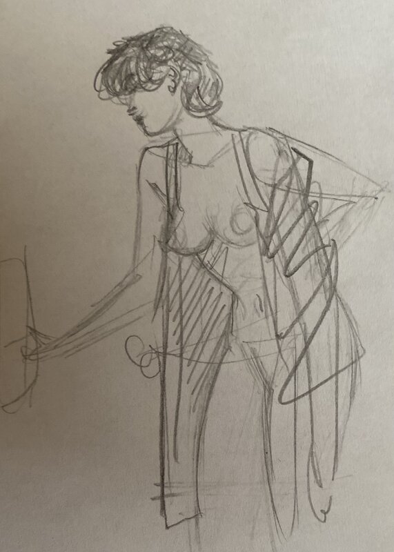 Jean-Pierre Gibrat, illustration originale, croquis préparatoire, Cécile en déshabillé, 