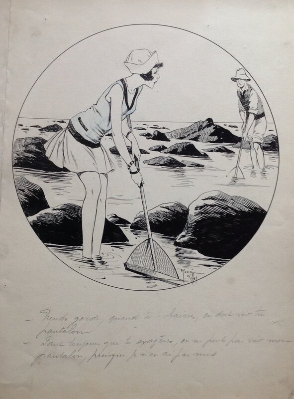 En vente - Giffey René Pin up Sexy La Mer , Pêche Moules ,Belle illustration planche originale Parisiana Année 20 ou 30 Normandie Bretagne - Illustration originale