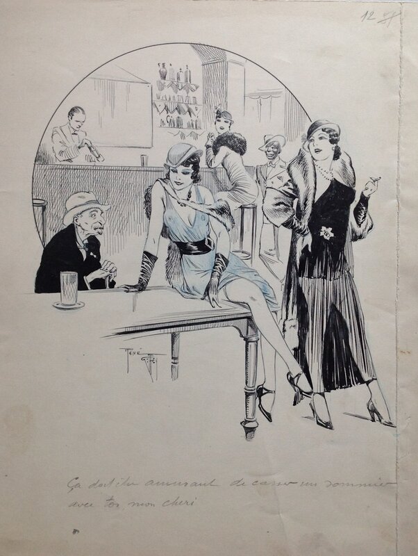 En vente - Giffey René Pin up Sexy erotique Bar fille joie Art déco ,Belle illustration planche originale Parisiana Année 20 ou 30 - Illustration originale