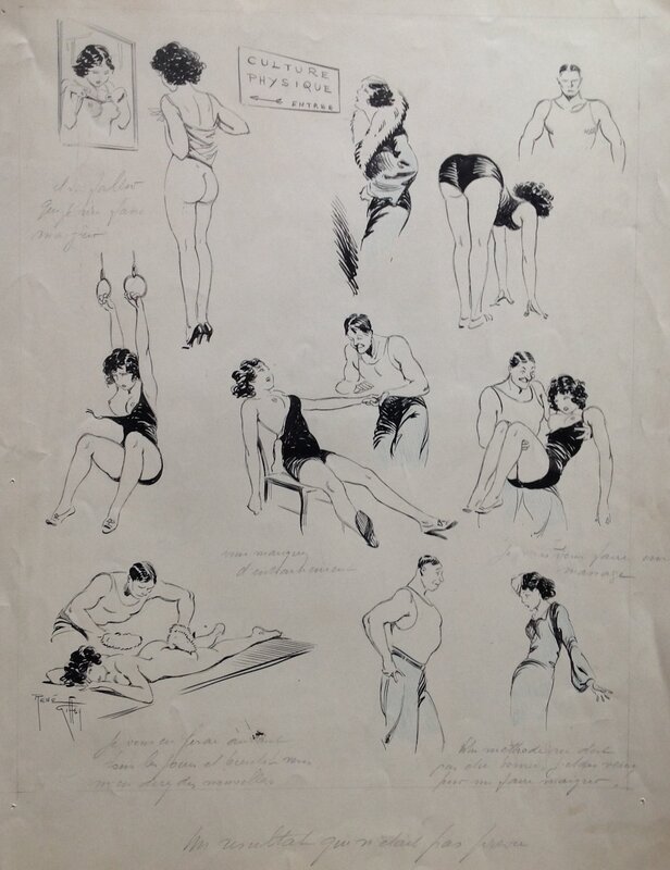 En vente - Giffey René Pin up Sexy erotique , La Culture Physique , Top ...Belle Planche originale illustration pour ? Année 20 ou 30 - Planche originale