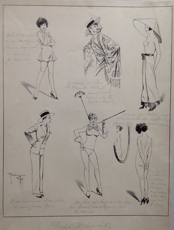 En vente - Giffey René Pin up Sexy erotique , Les Travestis  ...Belle Planche originale illustration pour ? Année 20 ou 30 - Planche originale