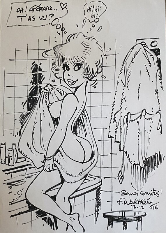 François Walthéry, illustration originale, Natacha sort de son bain ... - Original Illustration