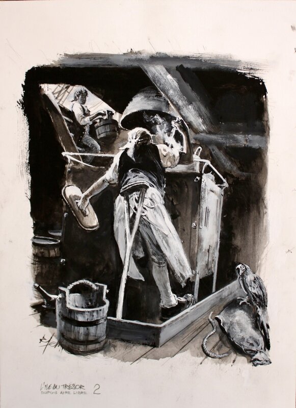 En vente - René Follet, L'Ile Au Trésor - Silver et Jim - Illustration originale