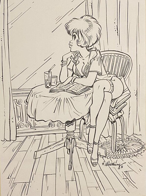 François Walthéry, illustration originale, Natacha au guéridon. - Illustration originale