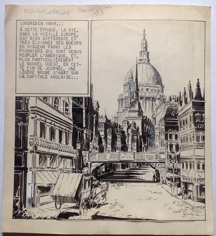 Fergal, Gallieno FERRI, Atelier Chott, Fergal (Gallieno Ferri - Atelier Chott) Kid Colorado Planche Originale 1 Londres ,collage petit format RANCHO SPECIAL 13 Bd 1958 - Comic Strip