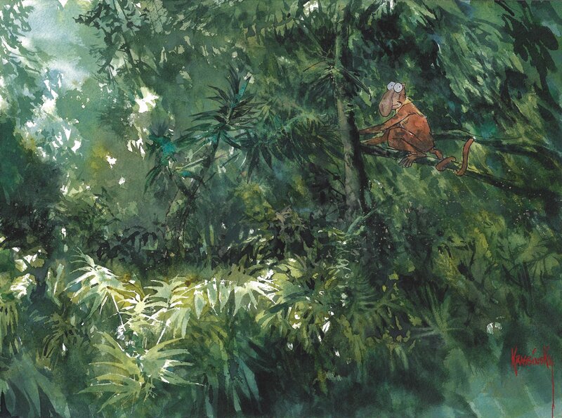 En vente - Jean-Paul Krassinsky, Le Singe qui Aimait les Fleurs - Illustration originale - Illustration originale