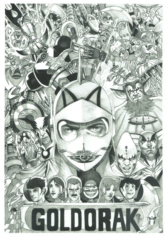 En vente - Philippe Bringel, Actarus, Goldorak et les Golgoths - Illustration originale