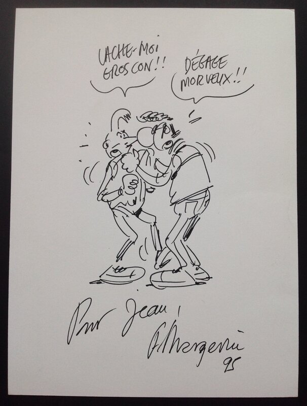 En vente - Frank Margerin Lucien et Manu La Baston , Dessin Dédicace des 2 héros sur Feuille de 1995 avec les 2 Héros en pied - Dédicace