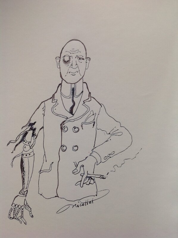 En vente - Nicollet Dédicace Personnage étrange Homme Erich von Stroheim Cyborg Robot Dessin inédit Signé encre chine Art Book ERSATZ 1981 - Dédicace