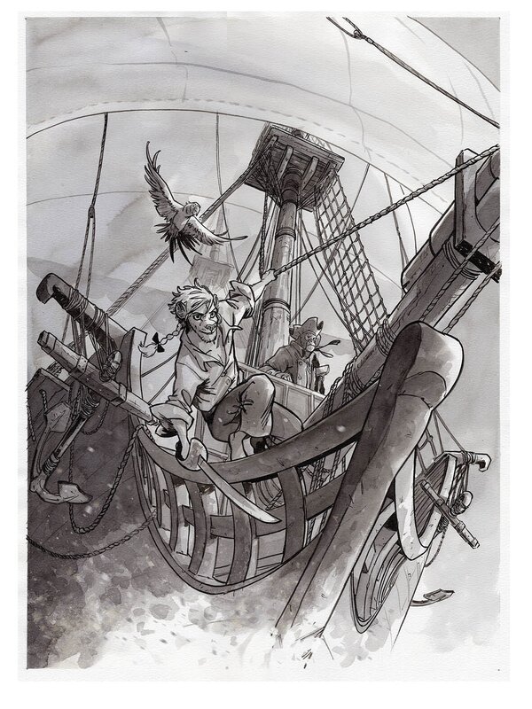 For sale - Sébastien Vastra, Jim Hawkins à la proue du navire - Original Illustration