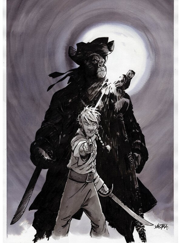 En vente - Sébastien Vastra, Jim Hawkins & Silver coucher de soleil - Illustration originale