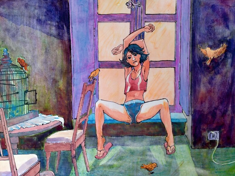 En vente - Davide Garota, Les oiseaux dans la chambre - Illustration originale