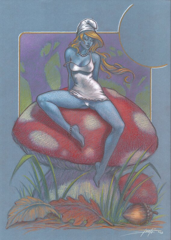 En vente - Luca Strati, Schtroumpfette érotique - Illustration originale