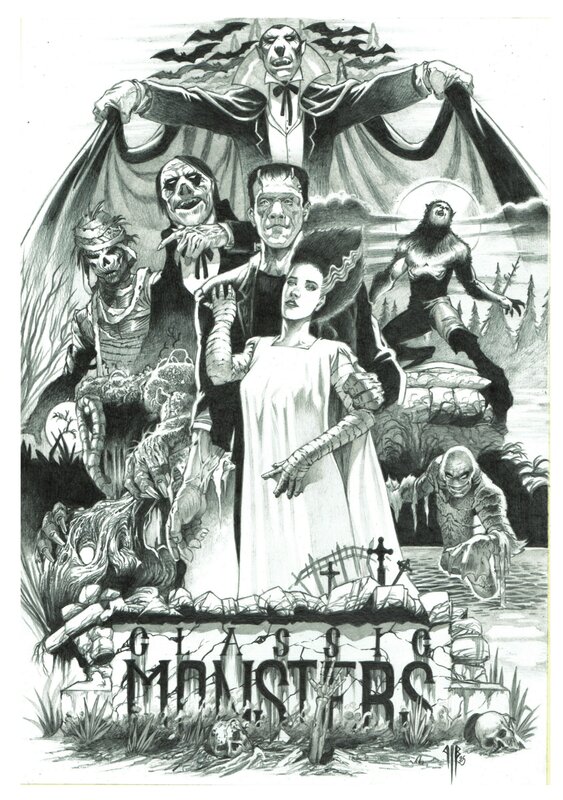 For sale - Philippe Bringel, Dracula Frankenstein Werewolf et co - Original Illustration