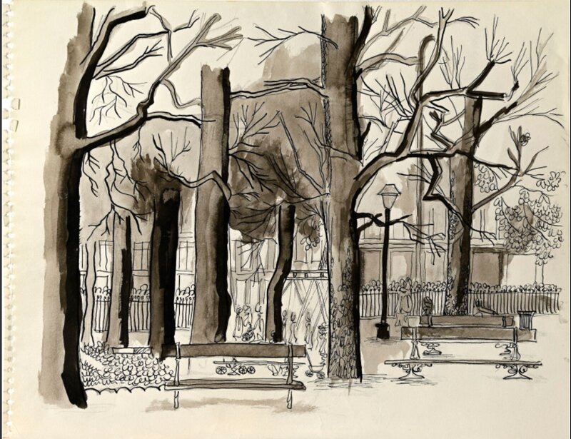 Un square parisien par Pierre Le-Tan - Illustration originale
