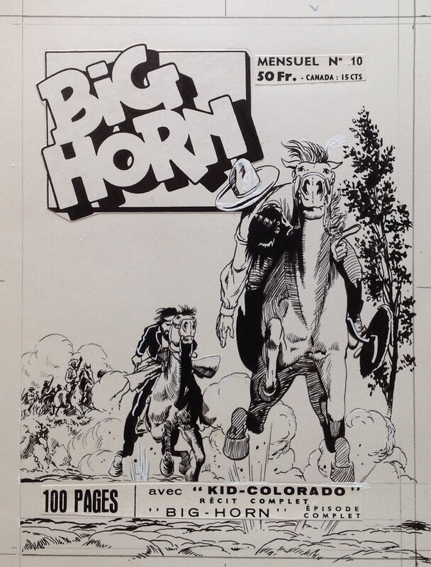 En vente - Rémy Bordelet, Warren Tufts, Claude Bordet, Atelier Chott, Fergal, Atelier Chott BIG HORN 10 Couverture Originale Planche N&B Couv Bd Western Cow Boy Kid Colorado , Petit Format Chott 1958 - Couverture originale