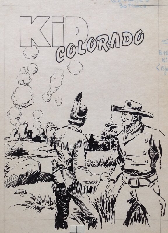 En vente - Rémy Bordelet, Rémy, Claude Bordet, Atelier Chott, Fergal, Atelier Chott KID Colorado 22 Couverture Originale planche N&B Couv Signe indien Western Cow Boy Fusil ,Bd Petit Format SER 1957 - Couverture originale