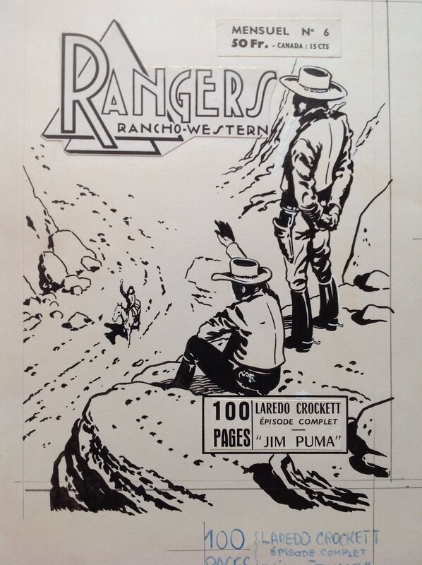 En vente - Rémy Bordelet, Rémy, Bob Schoenke, Fergal, Atelier Chott, Atelier Chott RANGERS 6 Couverture Originale Planche N&B Rancho Western Cow Boy indien Crockett Jim Puma ,Petit Format SER 1958 - Couverture originale