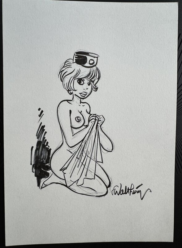 En vente - François Walthéry, Dessin NATACHA HOTESSE ASSISE - Illustration originale