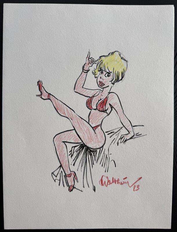 En vente - François Walthéry, Dessin NATACHA HOTESSE JAMBE EN L'AIR - Illustration originale