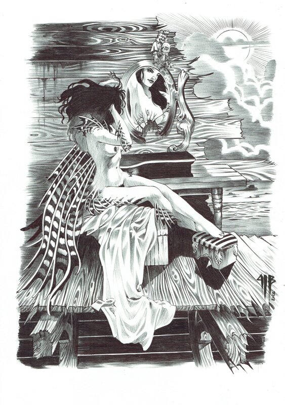 En vente - Philippe Bringel, La Sirène et le miroir - Illustration originale