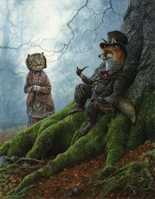 The Fox & the cat original drawing by Chris Dunn - Original Illustration