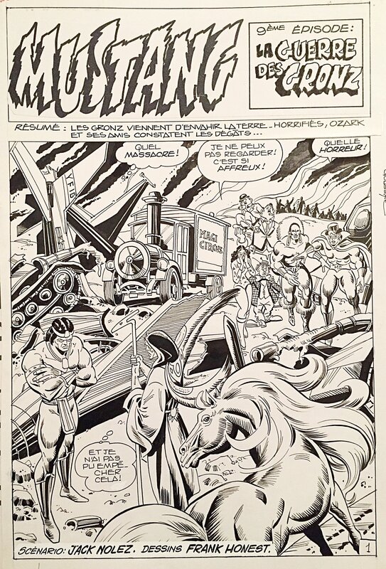 Franco Oneta, Jacques Lennoz, Jean-Yves Mitton, Franck Honest, Jack Nolez, Oneta, Mustang#9, La guerre des Gronz, épisode inédit, planche n°1 titre, Mustang#62, 1981. - Planche originale