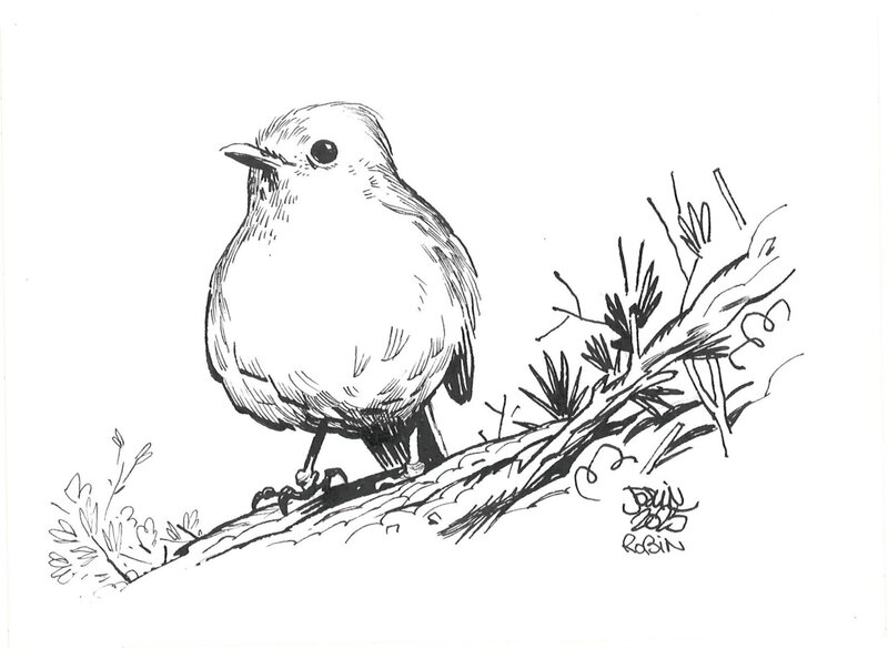 En vente - Jocelyn Joret - illustration oiseau Robin - Illustration originale