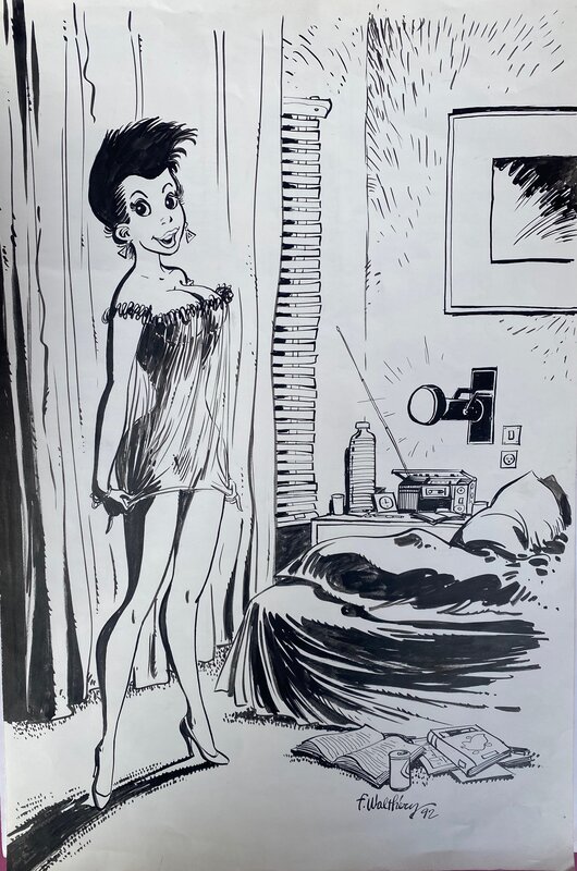 François Walthéry, illustration originale, Pin-up brune en nuisette. - Illustration originale