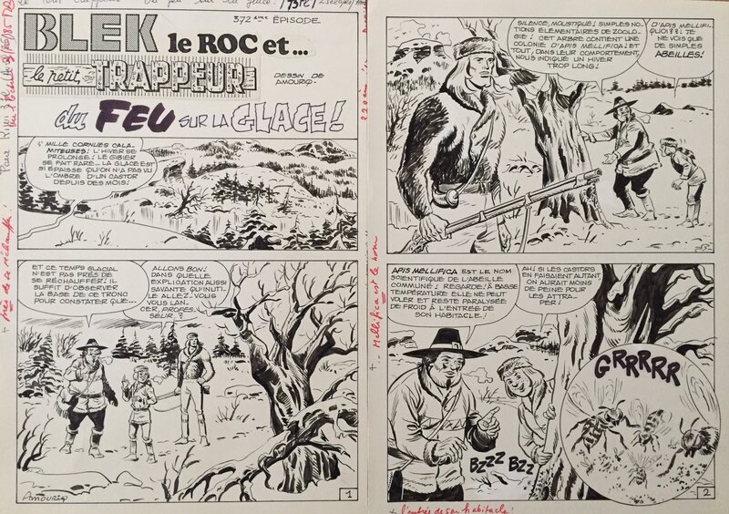 André Amouriq, EsseGesse, Maurice Chevalier, Blek le Roc, Du feu sur la glace, planches n°1&2 titre, Kiwi#372 1986. - Planche originale
